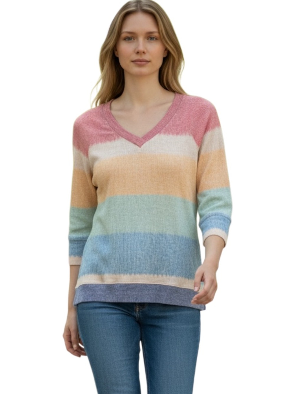 Christopher & Banks Striped V-Neck Pastel Sweater - Pink, Cream, Blue